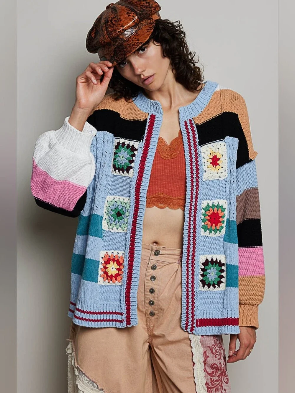 POL Crochet Granny Square Patch Chenille Sweater Cardigan Jogger Coordinated Set